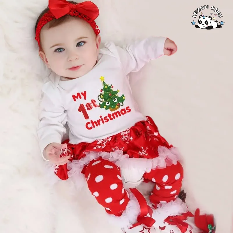 LEZONKIDS - Conjunto de Vestido de Natal de Inverno Personalizado para Bebê Menina Manga Longa Cartoon Vestido 4 Peças Conjunto de Sapatos Meias para Roupas de Bebê Menina